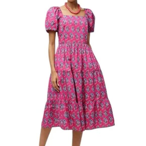 J. Crew Pink Floral Print Tiered Puff Sleeve Midi Dress  NWT - Picture 1 of 14